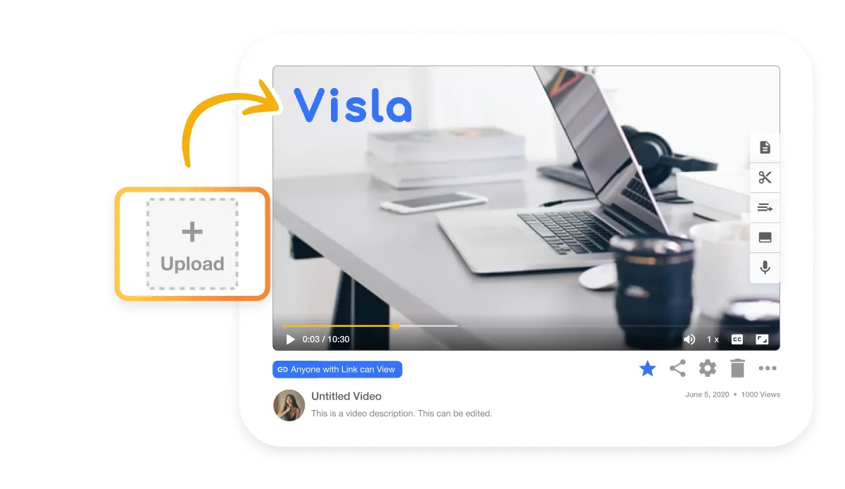 Visla Video Branding: Logo Overlays interface showing adding logo overlays in Visla software, depicting a Visla logo being placed on a video clip for brand visibility without disrupting viewer experience.